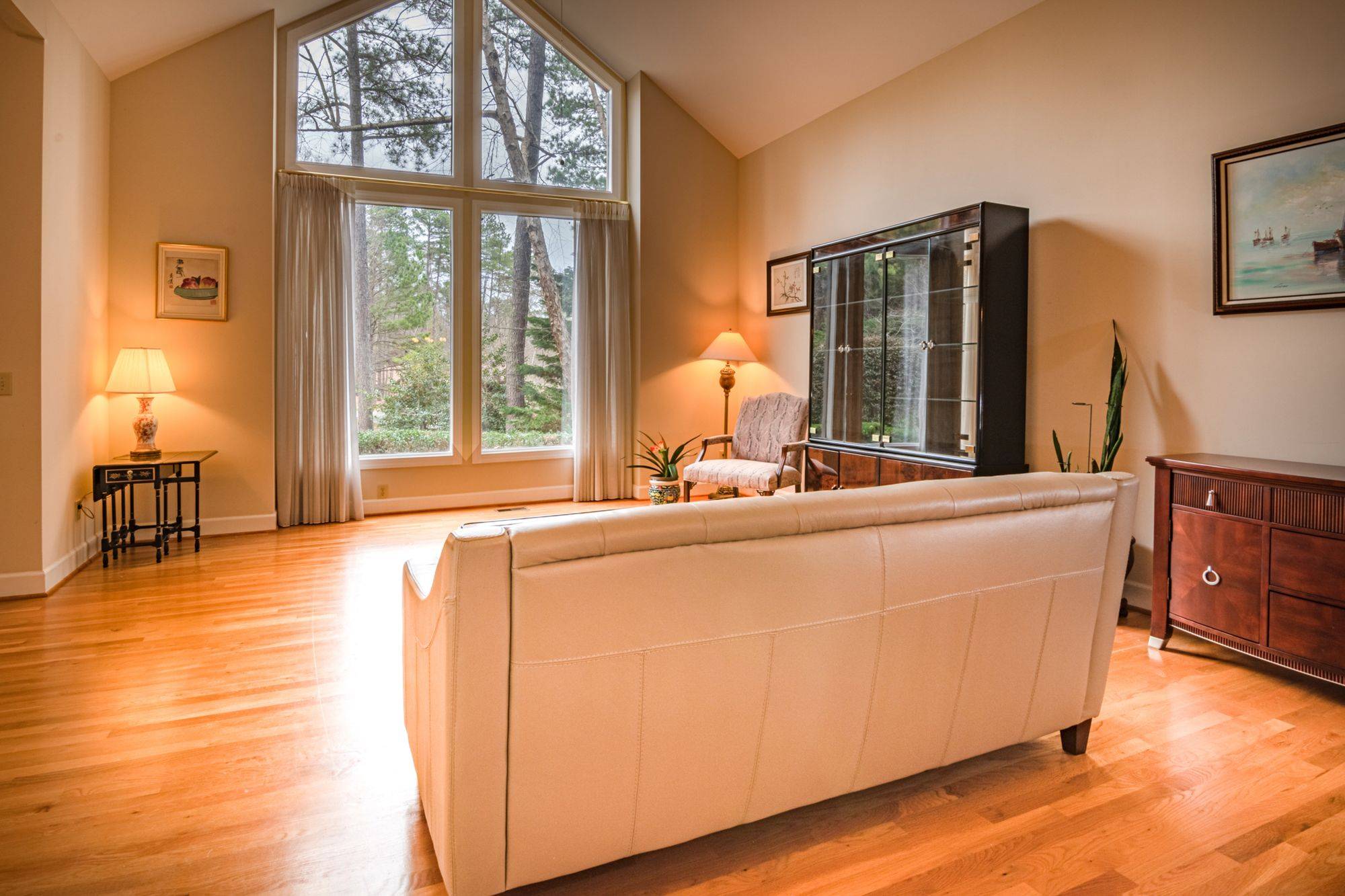 Vaulted living room with a tall arched window onto pines